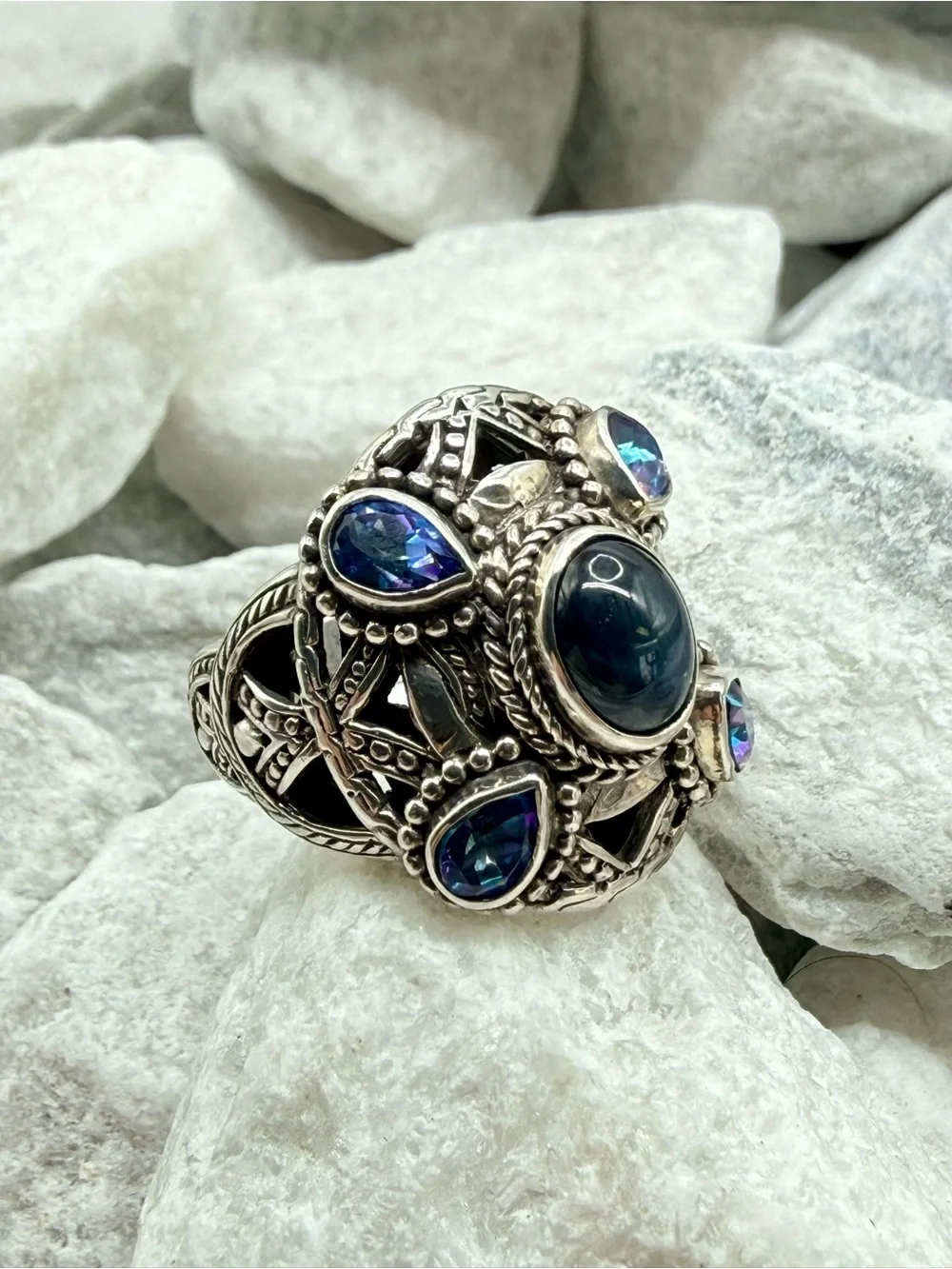 Vintage SARDA 925 Sterling Silver Sapphire Blue Topaz Statement Ring Size 8 EUC